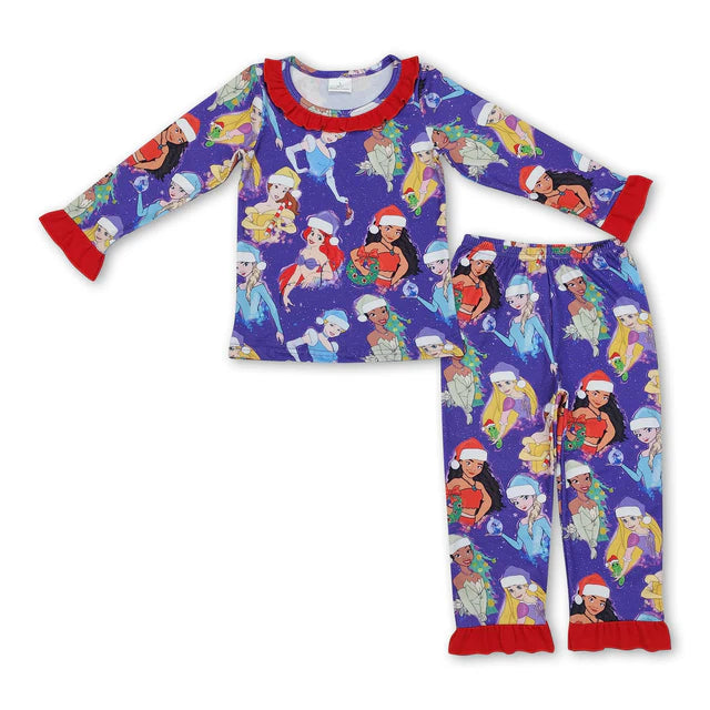 RTS NO MOQ Sibling milk silk Baby Girls Green Christmas Trees Print Top Ruffle Pant Pajamas Set