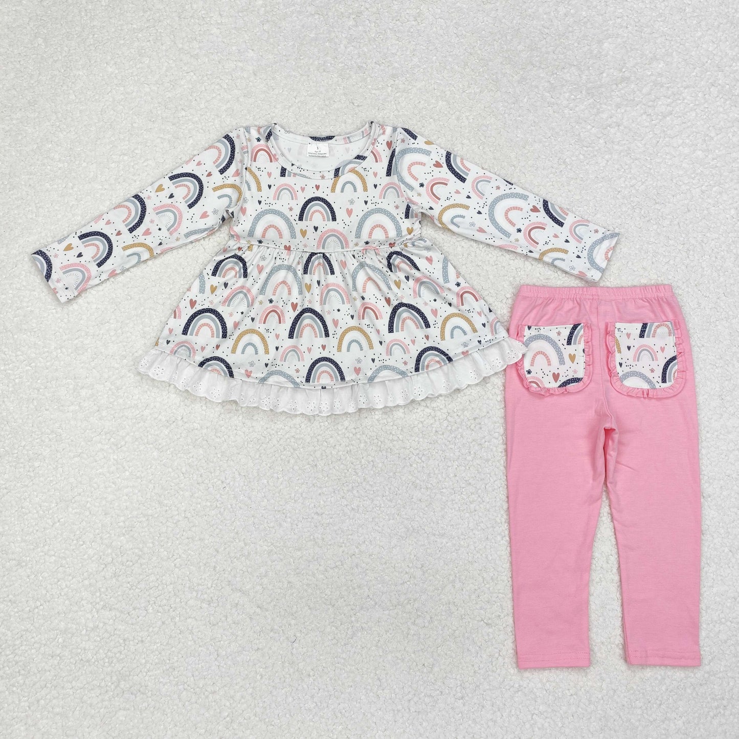 RTS NO MOQ ETA 5/7days Arrived GLP1787 Rainbow heart lace long-sleeved pink trousers set
