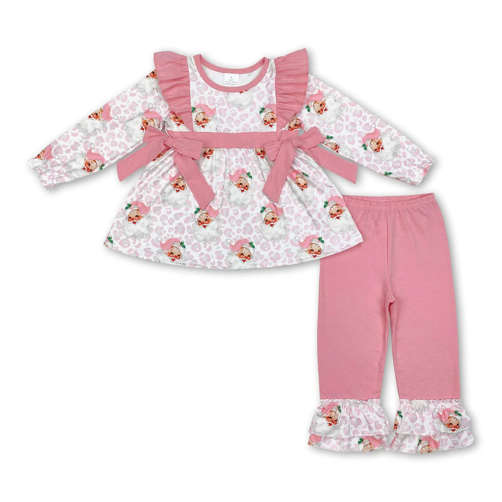 RTS NO MOQ Sibling milk silk Baby Girls Red Christmas Tree Print Long Tunic Top And Ruffle Hem Pants Two Piece Festive Holiday Clothes Set