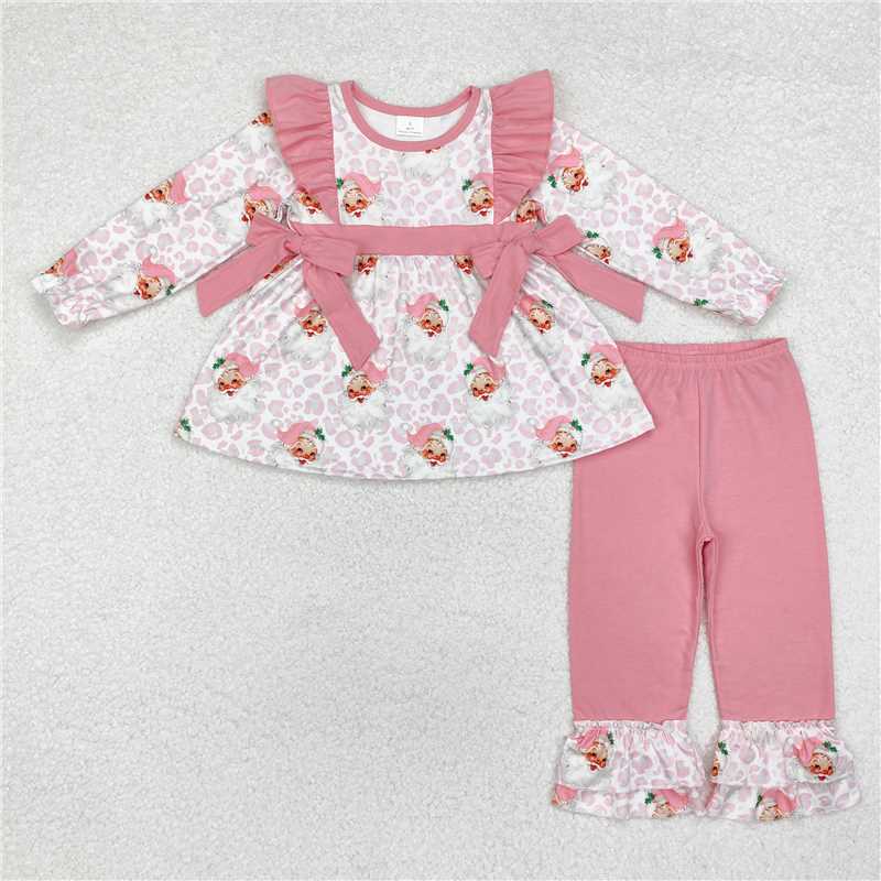 RTS NO MOQ Sibling milk silk Baby Girls Cute Tree Bow Long Sleeve Tunic Ruffle Pants Holiday Set