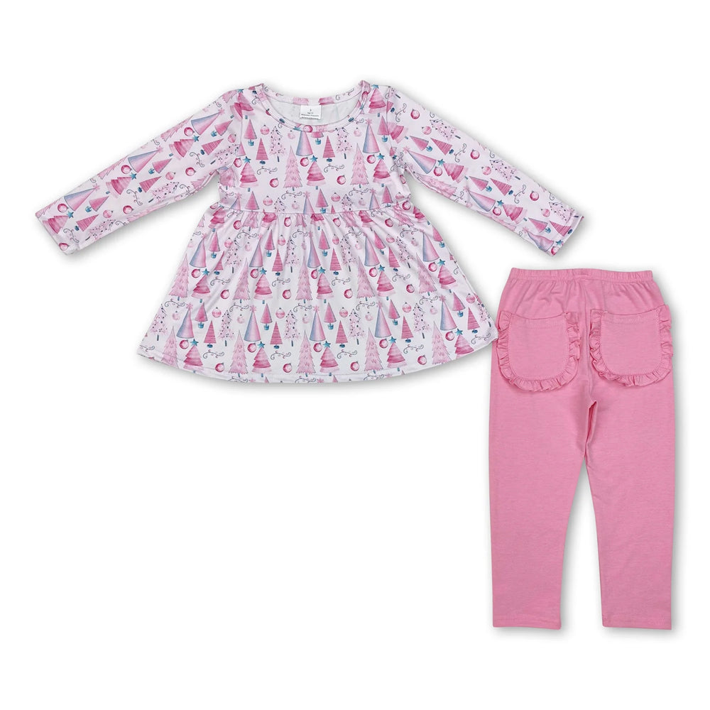 RTS NO MOQ Sibling milk silk Baby Girls Red Christmas Tree Print Long Tunic Top And Ruffle Hem Pants Two Piece Festive Holiday Clothes Set
