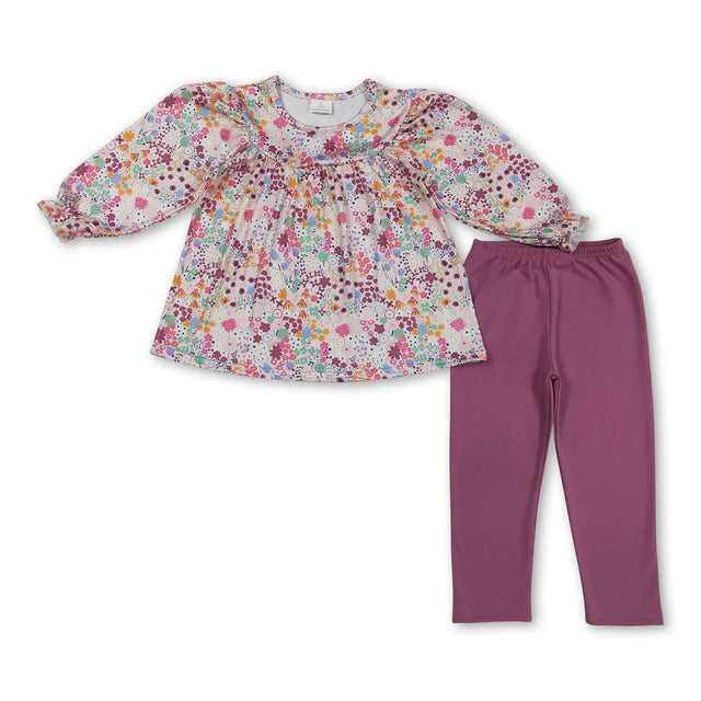 RTS NO MOQ Sibling Baby Girls Colorful Flowers Collar Tunic Leggings  Clothes Sets