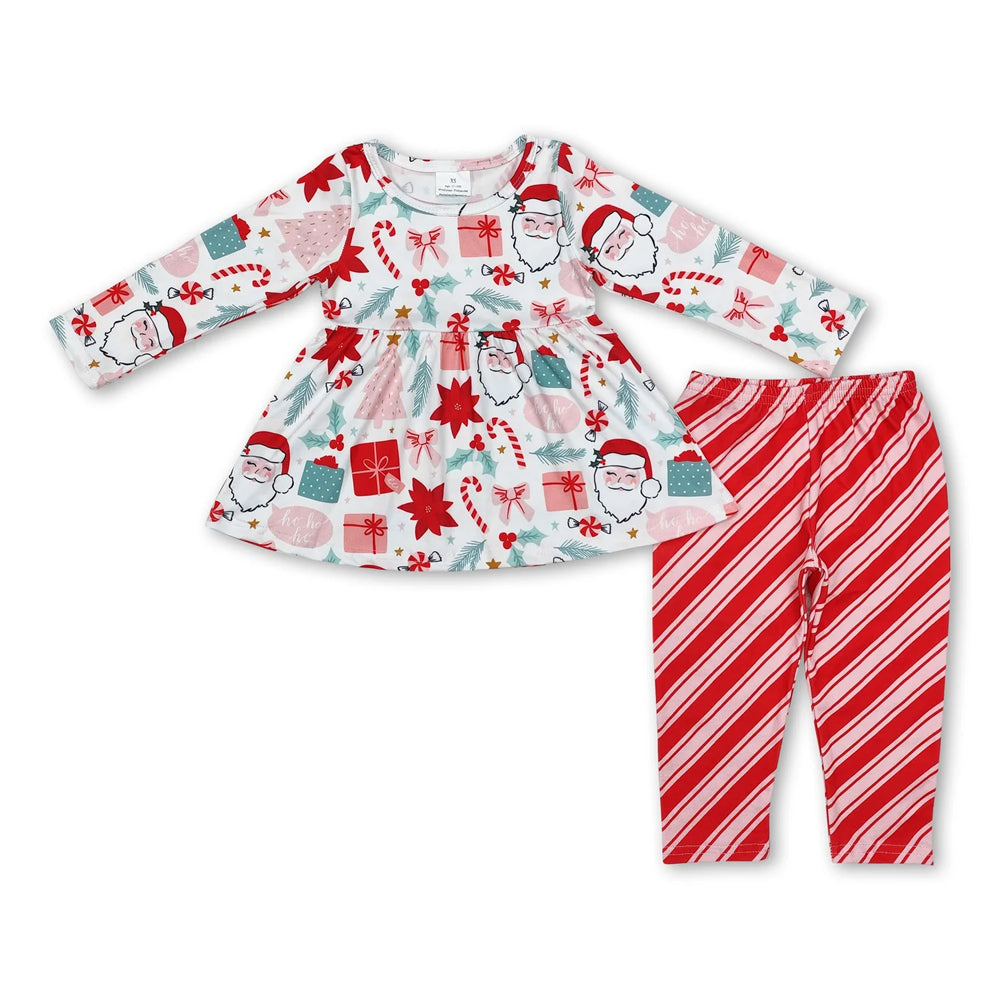 RTS NO MOQ Sibling milk silk Baby Girls Red Christmas Tree Print Long Tunic Top And Ruffle Hem Pants Two Piece Festive Holiday Clothes Set