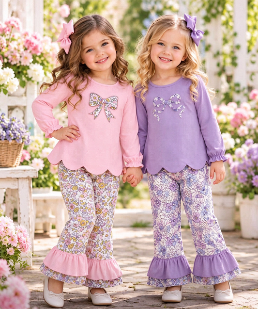 RTS NO MOQ baby girl clothes embroidery bow long sleeve pants Clothes Sets