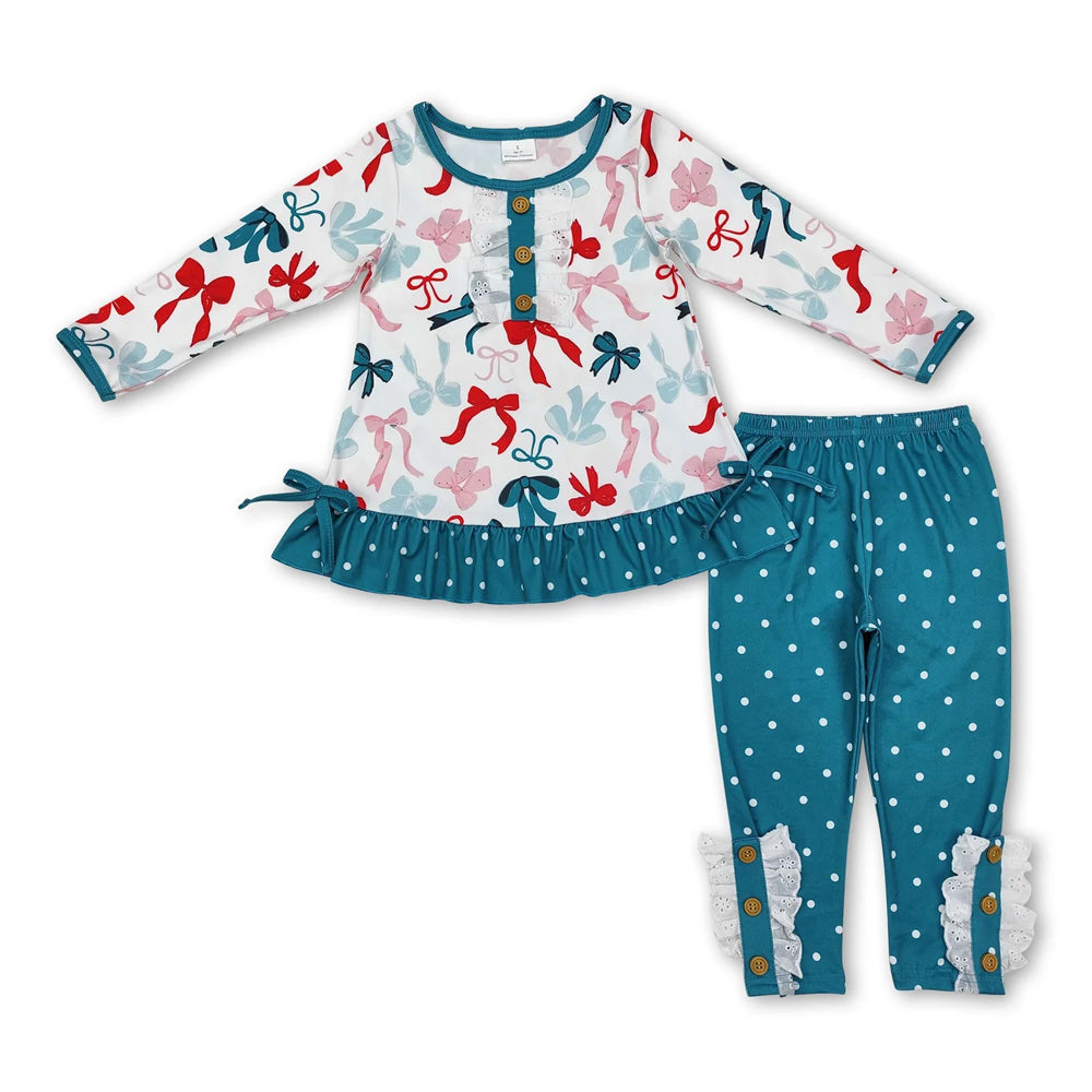 RTS NO MOQ Sibling milk silk Baby Girls Red Christmas Tree Print Long Tunic Top And Ruffle Hem Pants Two Piece Festive Holiday Clothes Set