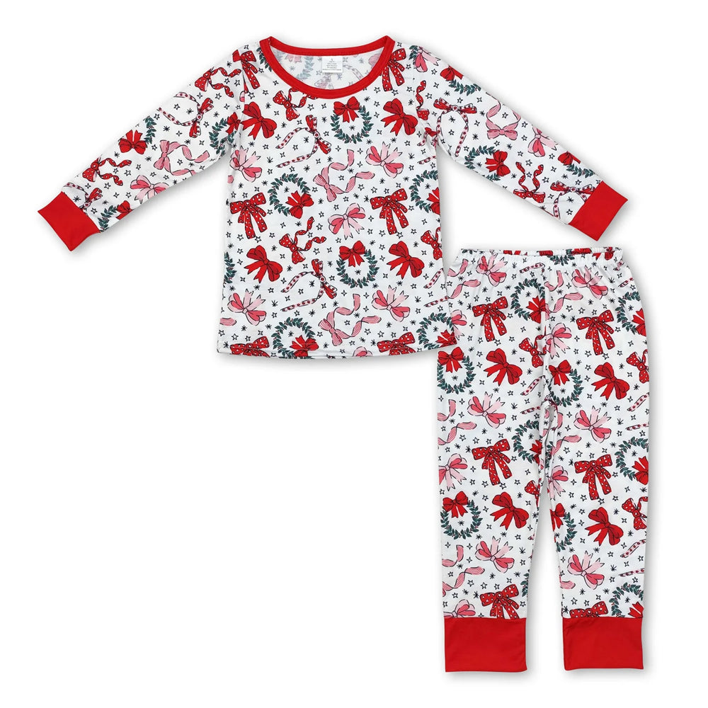 RTS NO MOQ Sibling milk silk Baby Girls Winter Christmas Christmas Bamboo Top Pants Sleep Clothes Set