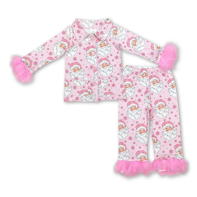 RTS NO MOQ Sibling milk silk Baby Girls Pink Fur Gingerbread Button Top Pants Christmas Pajamas Set