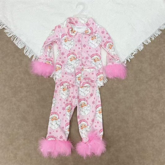 RTS NO MOQ（In Stock) GLP1900 Santa Claus snowflake pink plush edge long sleeve long pants pajamas set