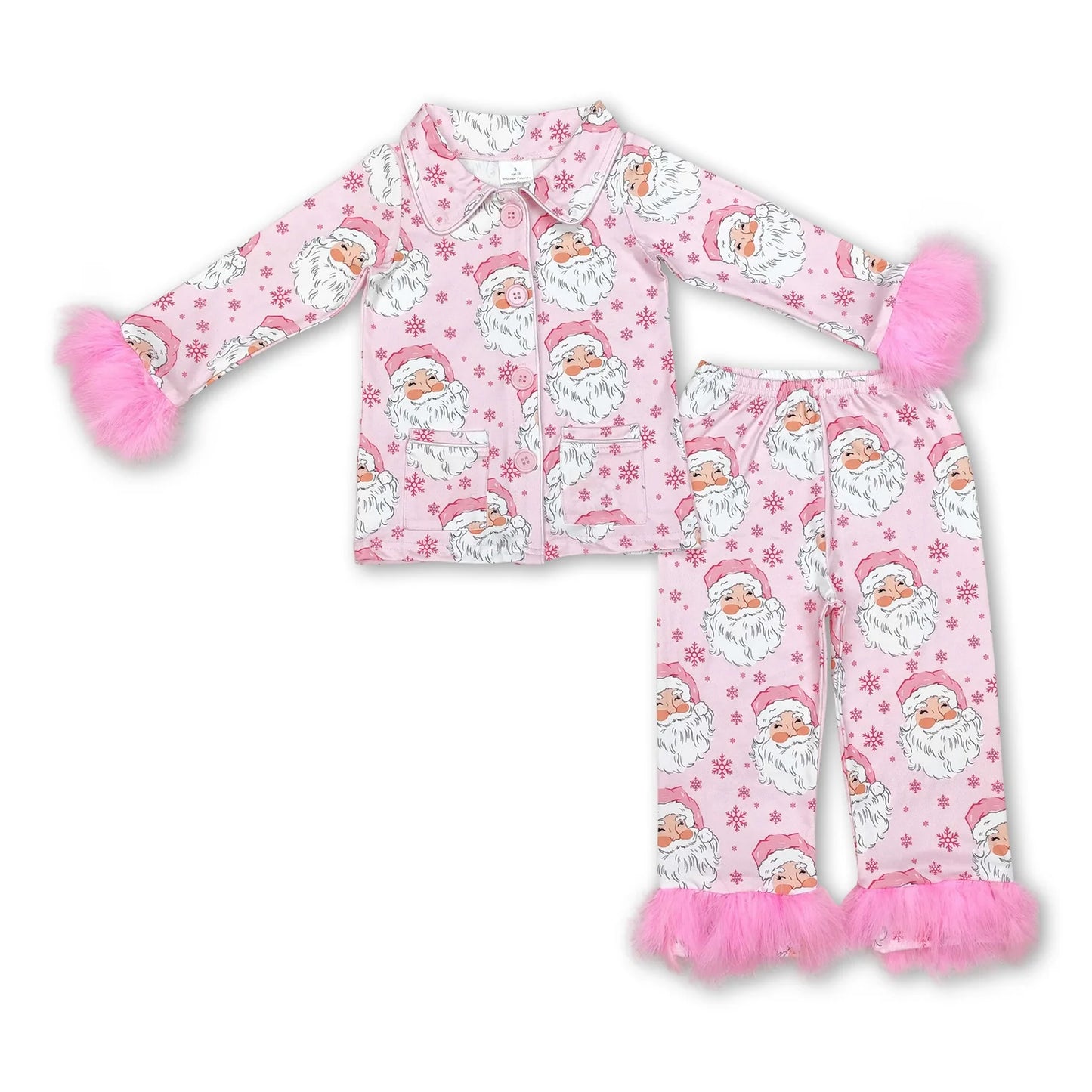 RTS NO MOQ milk silk Sibling Christmas Adult To Match Kids Pink Santa Print Fluffy Fur Trim Button Front Shirt Elastic Waist Pants Christmas Pajama Set