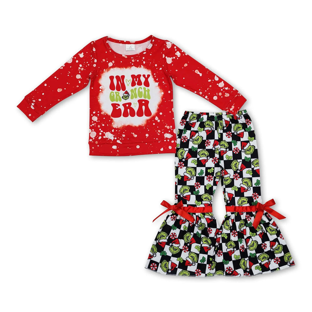 RTS NO MOQ Sibling milk silk Baby Girls Red Christmas Tree Print Long Tunic Top And Ruffle Hem Pants Two Piece Festive Holiday Clothes Set