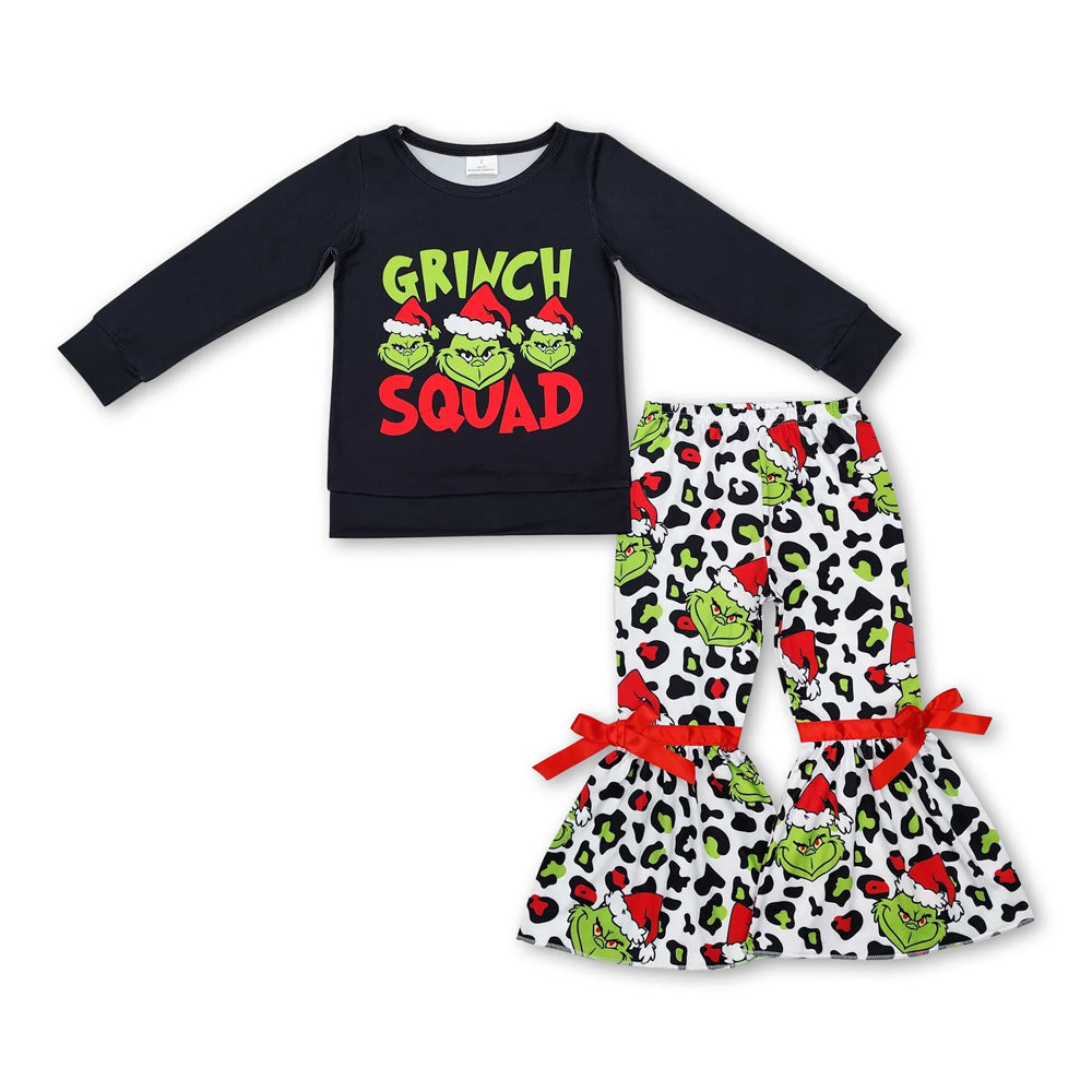 RTS NO MOQ Sibling milk silk Baby Girls Red Christmas Tree Print Long Tunic Top And Ruffle Hem Pants Two Piece Festive Holiday Clothes Set