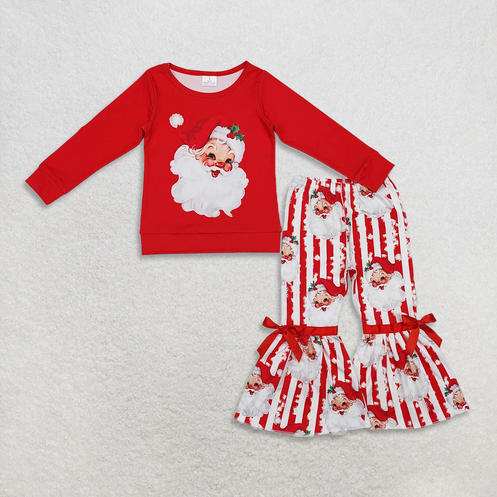 RTS NO MOQ Sibling milk silk Baby Girls Christmas Long Sleeve Top Bow Flared Pants Set