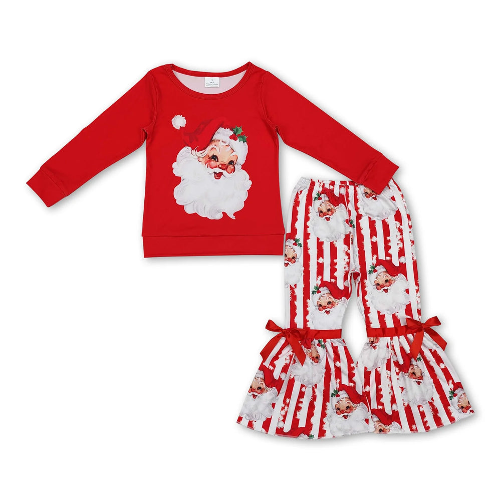 RTS NO MOQ Sibling milk silk Baby Girls Red Christmas Tree Print Long Tunic Top And Ruffle Hem Pants Two Piece Festive Holiday Clothes Set