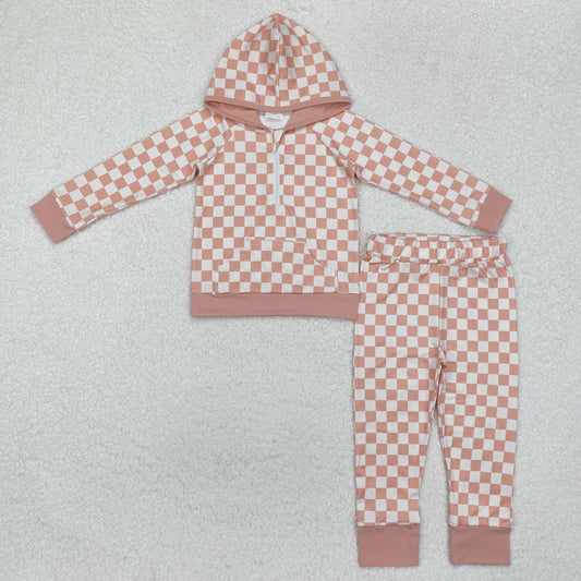 RTS NO MOQ ETA 5/7days Arrived GLP1989 Beige plaid long-sleeved hooded trousers suit