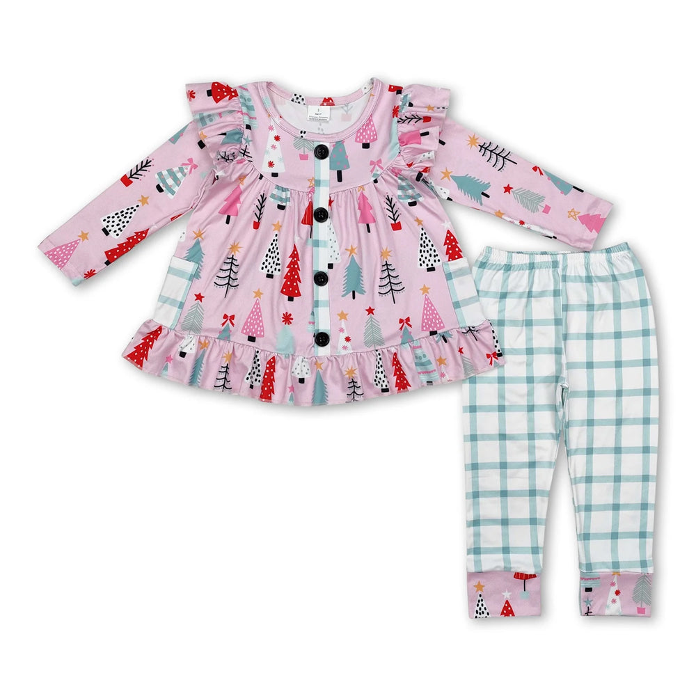 RTS NO MOQ Sibling milk silk Baby Girls Red Christmas Tree Print Long Tunic Top And Ruffle Hem Pants Two Piece Festive Holiday Clothes Set