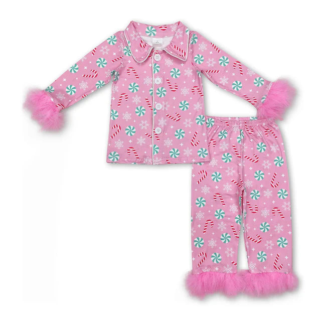 RTS NO MOQ Sibling milk silk Baby Girls Pink Fur Gingerbread Button Top Pants Christmas Pajamas Set