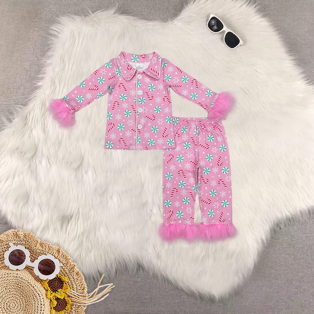 RTS NO MOQ Sibling Baby Girls Christmas Pink Plush Button Long Sleeve Long Pants Pajama Set