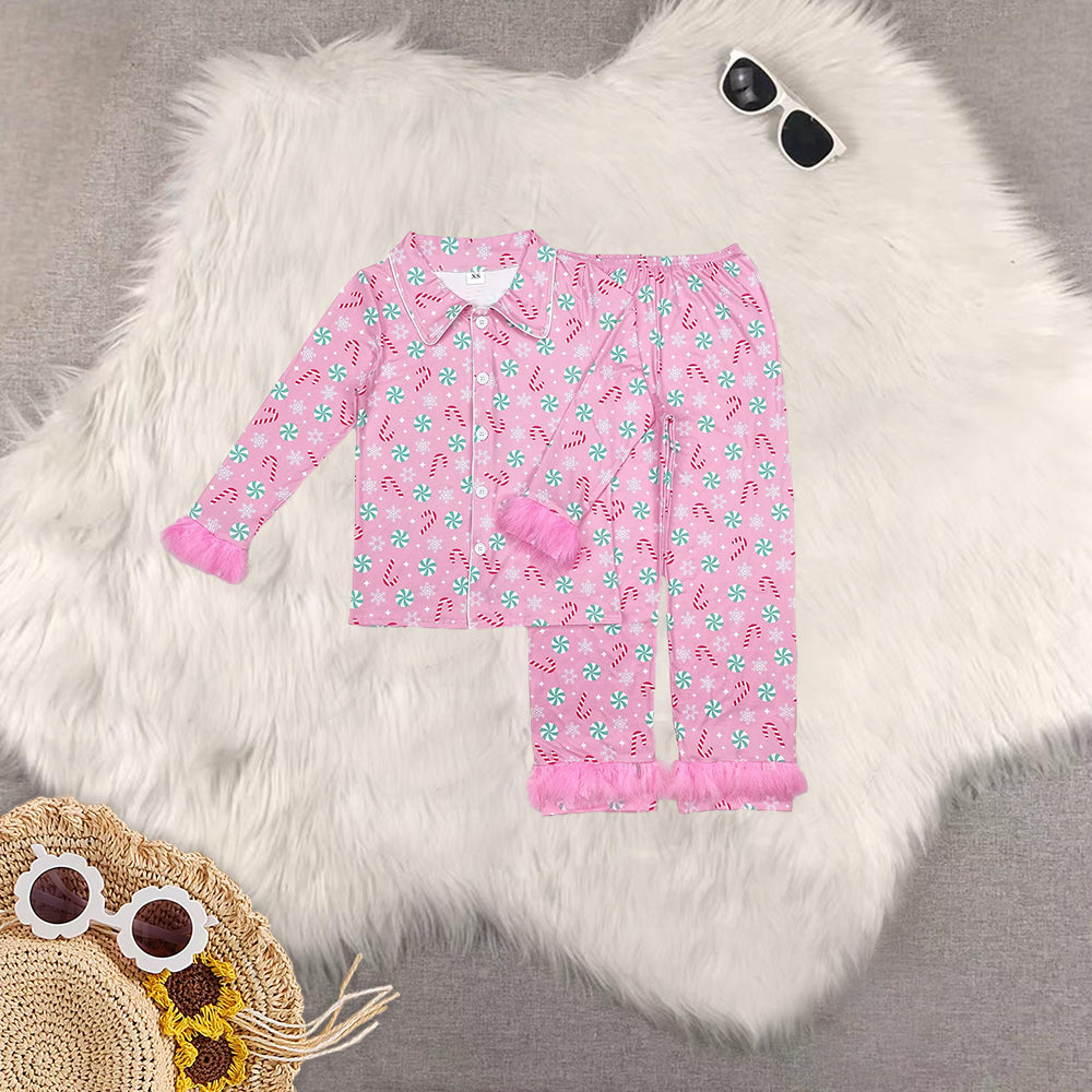 RTS NO MOQ Sibling adults women Christmas Pink Plush Button Long Sleeve Long Pants Pajama Sets