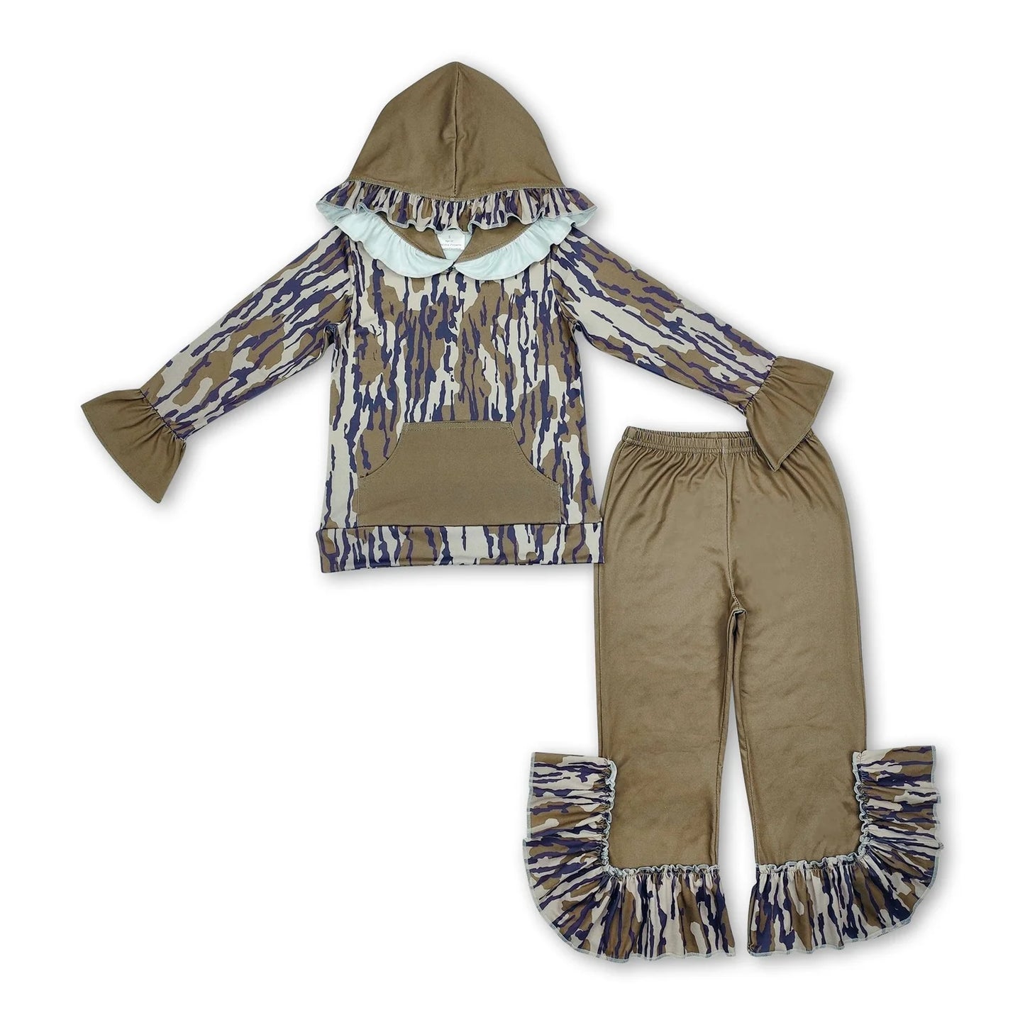 RTS NO MOQ Sibling milk silk Baby Girls Cute Hood Ruffle Top Bell Bottom Pants Clothes Set