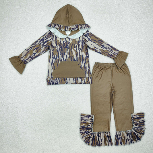 RTS NO MOQ（In Stock) Pocket camouflage army green lace hooded long-sleeved trousers suit