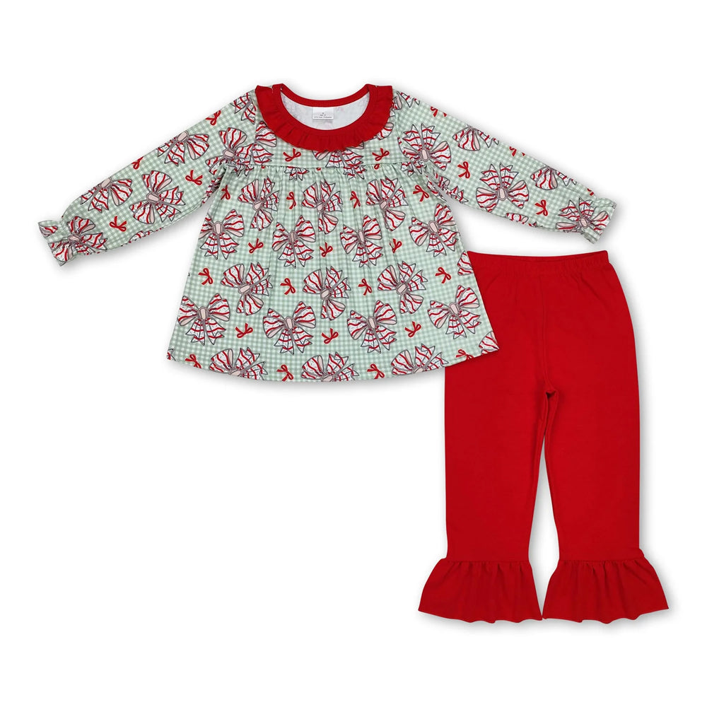 RTS NO MOQ Sibling milk silk Baby Girls Red Christmas Tree Print Long Tunic Top And Ruffle Hem Pants Two Piece Festive Holiday Clothes Set