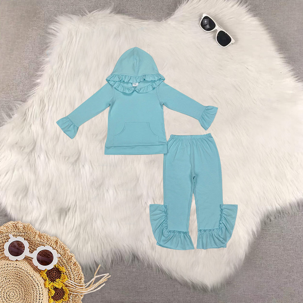 RTS NO MOQ Sibling baby girl clothes Ruffled Lace Button Hooded Pullover Long Sleeve Pants Sets