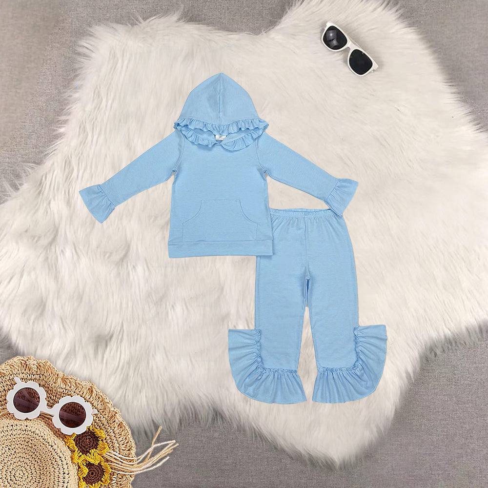 RTS NO MOQ Sibling baby girl clothes Ruffled Lace Button Hooded Pullover Long Sleeve Pants Sets