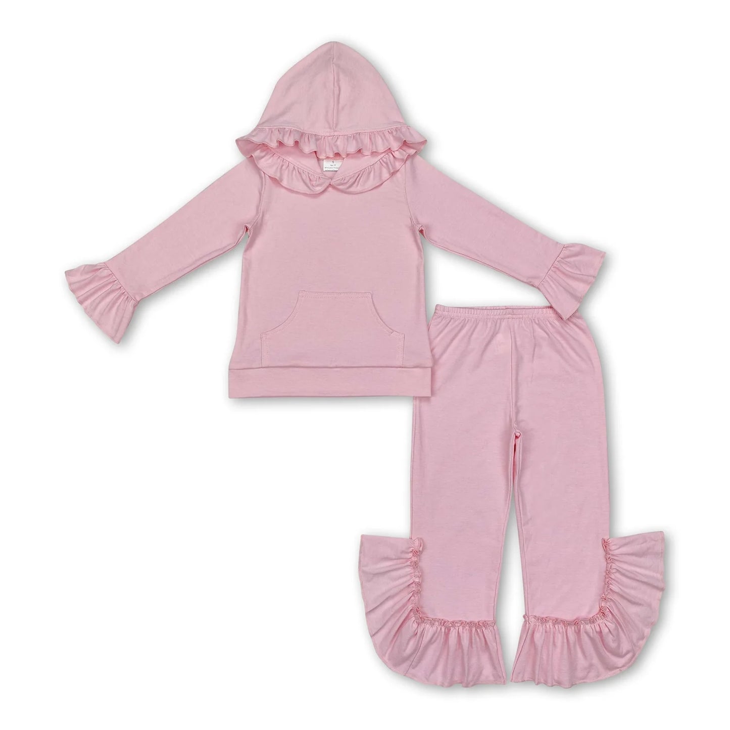 RTS NO MOQ Sibling milk silk Baby Girls Cute Hood Ruffle Top Bell Bottom Pants Clothes Set