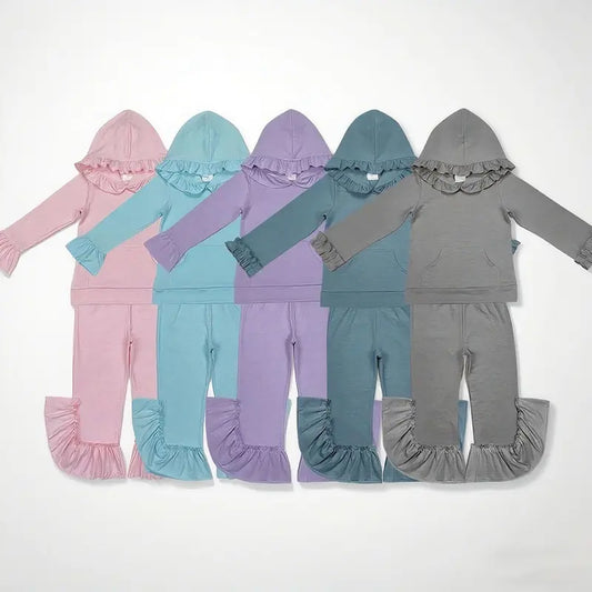 RTS NO MOQ Sibling baby girl clothes Ruffled Lace Button Hooded Pullover Long Sleeve Pants Sets