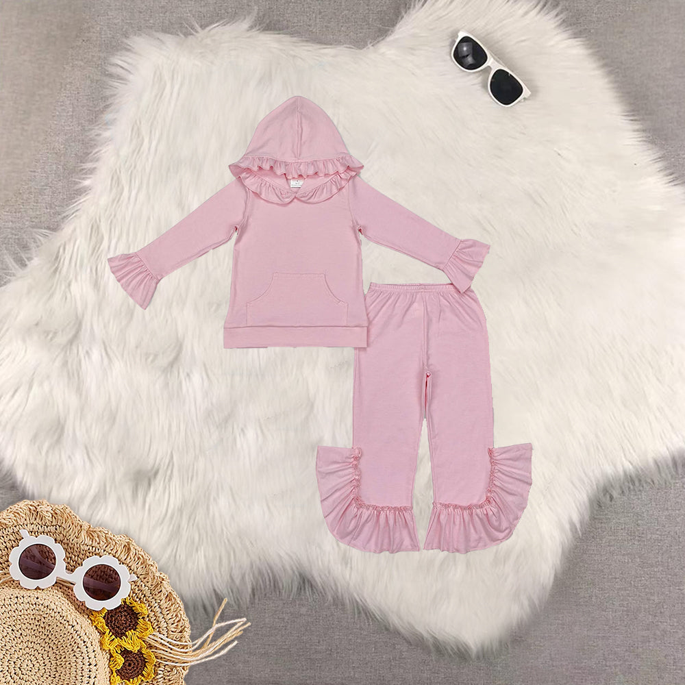 RTS NO MOQ Sibling baby girl clothes Ruffled Lace Button Hooded Pullover Long Sleeve Pants Sets