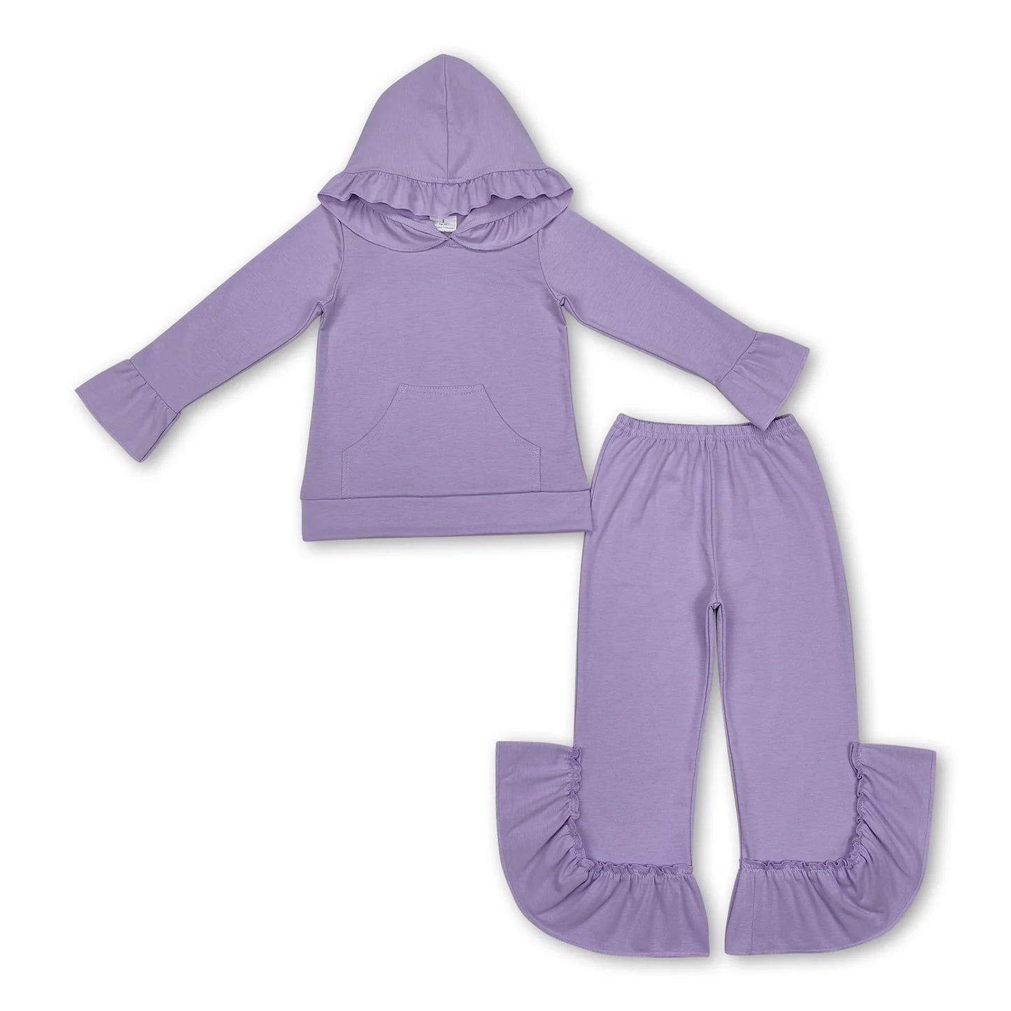 RTS NO MOQ Sibling milk silk Baby Girls Cute Hood Ruffle Top Bell Bottom Pants Clothes Set
