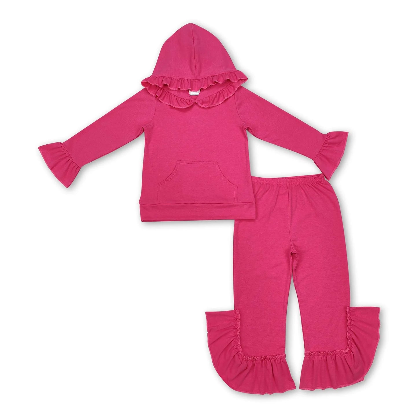 RTS NO MOQ Sibling milk silk Baby Girls Cute Hood Ruffle Top Bell Bottom Pants Clothes Set