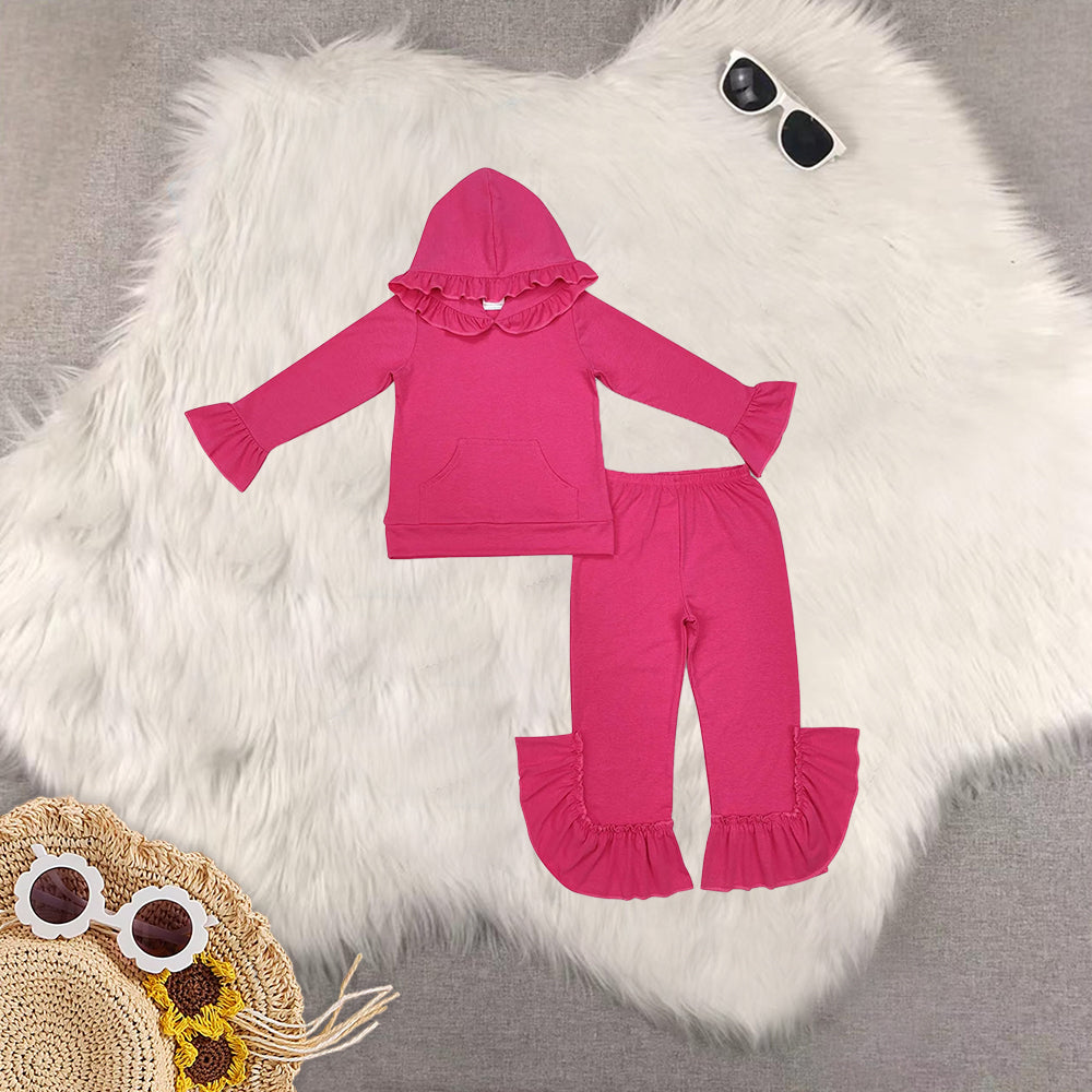 RTS NO MOQ Sibling baby girl clothes Ruffled Lace Button Hooded Pullover Long Sleeve Pants Sets
