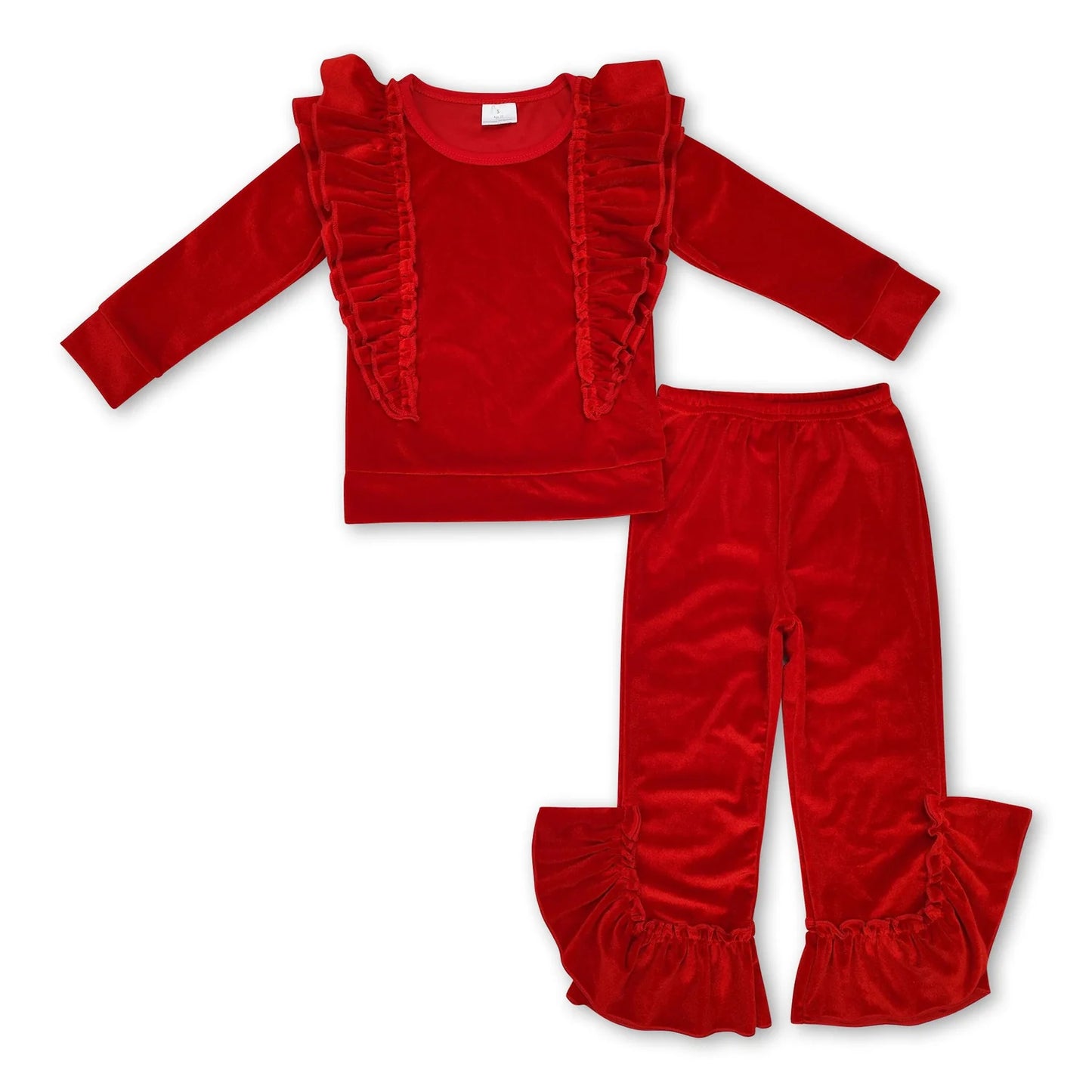 RTS NO MOQ Sibling cotton Baby Girls Solid Color Ruffle Long Sleeve Tee Top Velvet Flared Bell Pants Set