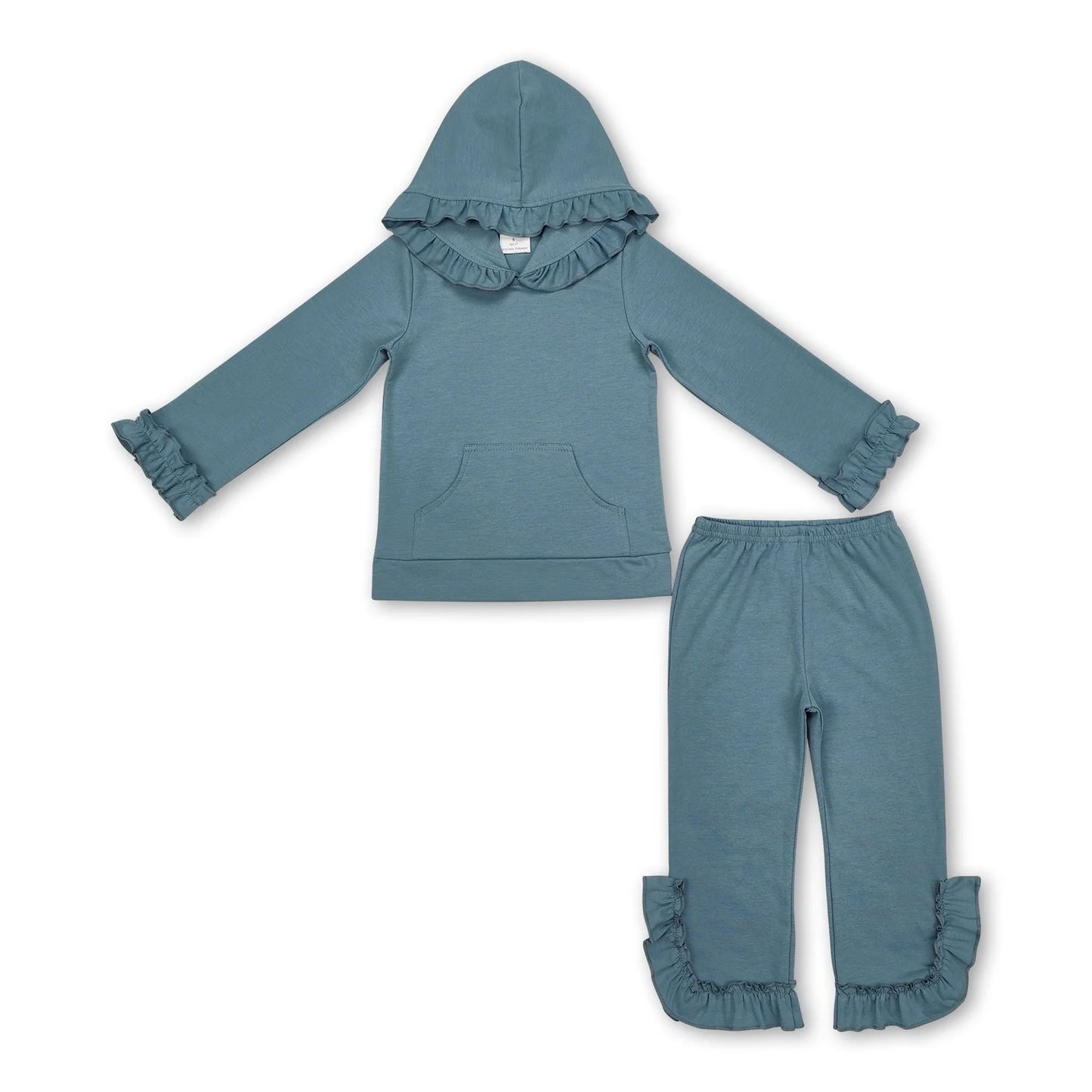 RTS NO MOQ Sibling milk silk Baby Girls Cute Hood Ruffle Top Bell Bottom Pants Clothes Set