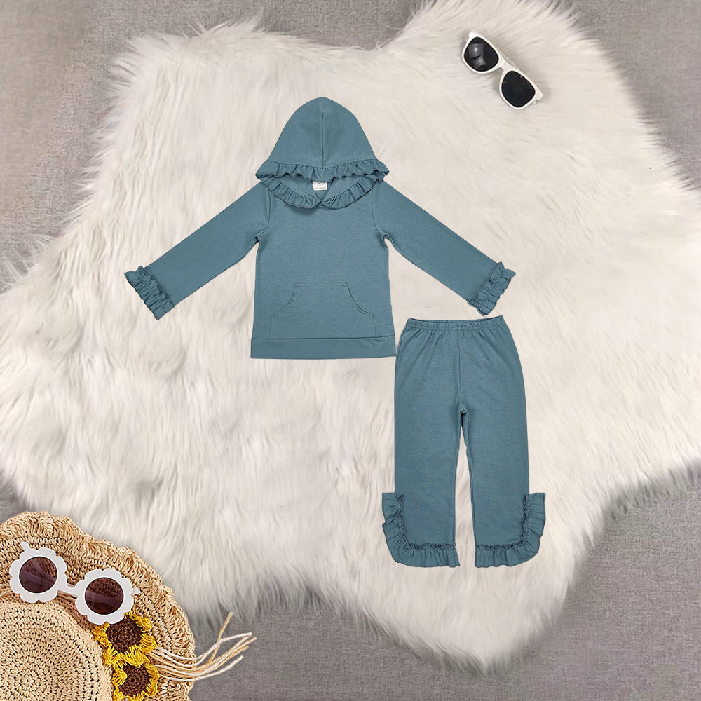 RTS NO MOQ Sibling baby girl clothes Ruffled Lace Button Hooded Pullover Long Sleeve Pants Sets