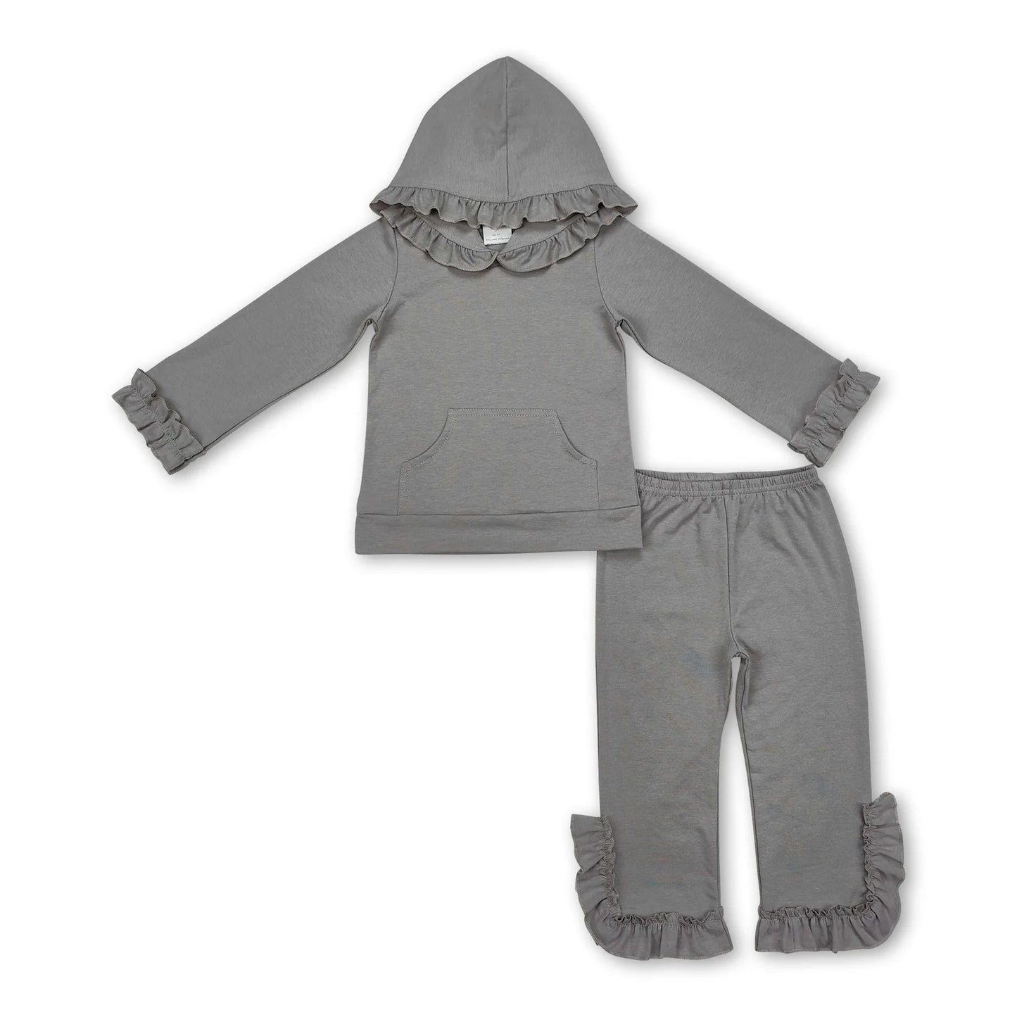 RTS NO MOQ Sibling milk silk Baby Girls Cute Hood Ruffle Top Bell Bottom Pants Clothes Set