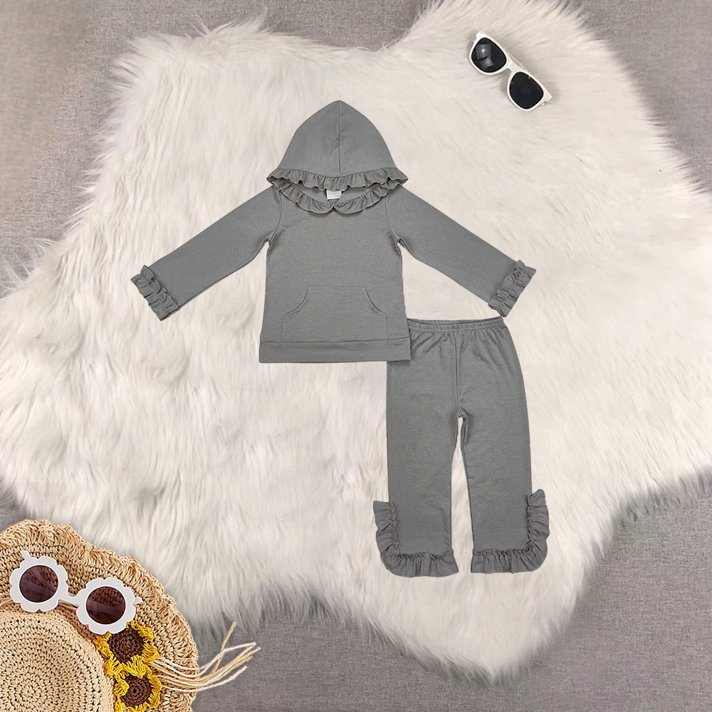 RTS NO MOQ Sibling baby girl clothes Ruffled Lace Button Hooded Pullover Long Sleeve Pants Sets