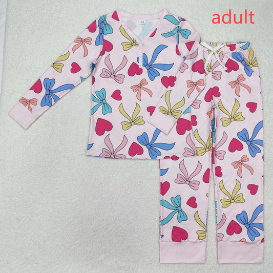 RTS NO MOQ（In Stock) GLP2275 Adult female Valentine's Day love color bow pattern pink long sleeve long pants pajama set