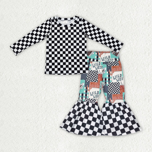 RTS NO MOQ GLP2334 Girls Outfit black and white plaid long sleeve top cow head long pants Boutique Set Milk Silk