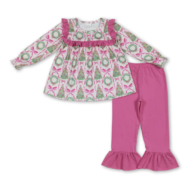 RTS NO MOQ Sibling milk silk Baby Girls Christmas Pink Santa Print Tunic Ruffle Pant Set