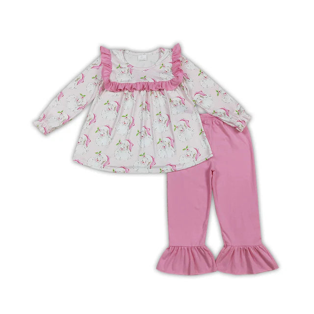 RTS NO MOQ Sibling milk silk Baby Girls Christmas Pink Santa Print Tunic Ruffle Pant Set
