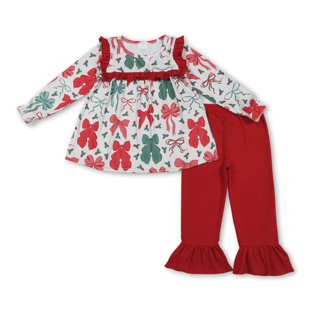 RTS NO MOQ Sibling milk silk Baby Girls Christmas Pink Santa Print Tunic Ruffle Pant Set