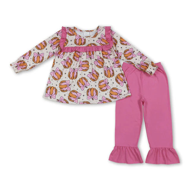 RTS NO MOQ Sibling milk silk Baby Girls Fall Bow Pumpkins Print Loose Tunic Top Ruffle Hem Pants Two Piece Clothes Sets