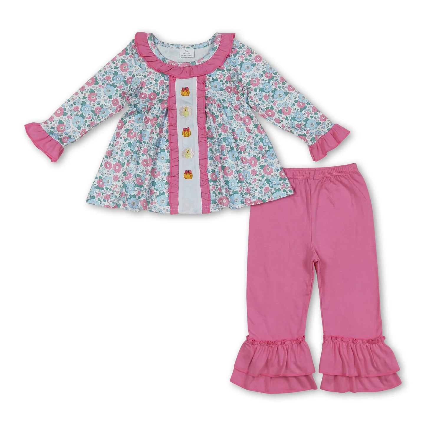 RTS NO MOQ Sibling milk silk Baby Girls Embroidery Fall Flower Bow Pumpkin Tunic Ruffle Pants Thanksgiving Outfit Sets
