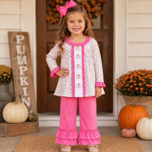 RTS NO MOQ（In Stock) GLP2353 Embroidered leopard-print pumpkin bow with pink lace long-sleeved pantsuit