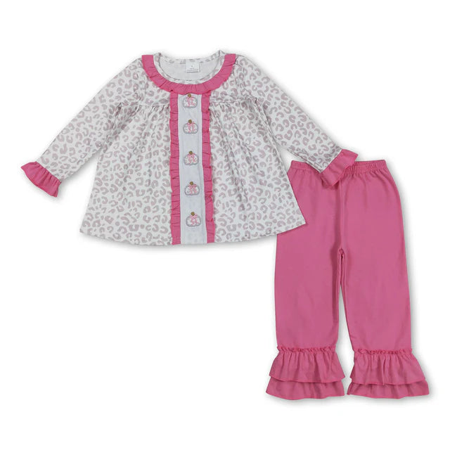 RTS NO MOQ Sibling milk silk Baby Girls Embroidery Fall Flowers Bows Pumpkins Loose Tunic Top Ruffle Hem Pants Two Piece Clothes Sets
