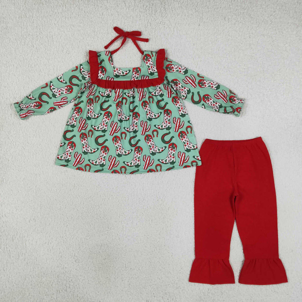 NEW RTS NO MOQ milk silk GLP2355 Baby Girls Cute Long Sleeves Green Boots Cactus Tunic Ruffle Pant Set