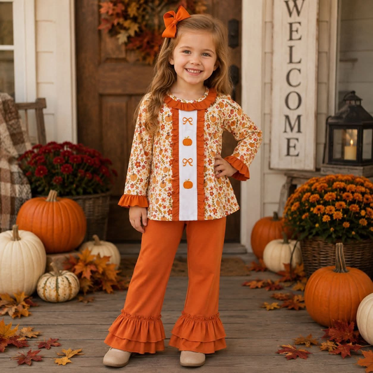 rts no moq GLP2361 Embroidered bow pumpkin flower leaf orange lace long sleeve trousers set