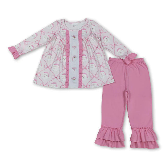 RTS NO MOQ Sibling milk silk Baby Girls Santa Print Checkered Tunic With Ruffle Pants Two Piece Set